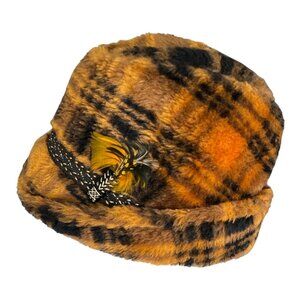 Vintage 1960s Faux Fur Plaid Fedora Hat Brown Orange w/ Feather Accent – Union M